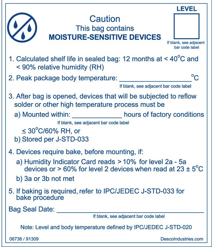 Label,Moisture Barrier IPC/JEDEC J-STD 020Desco